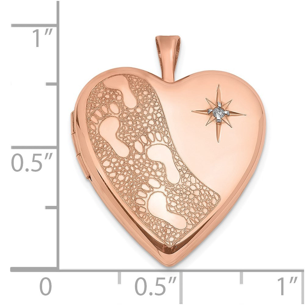 Sterling Silver Rose Gold-plated 20mm w/ Diamond Footprints Heart Locket