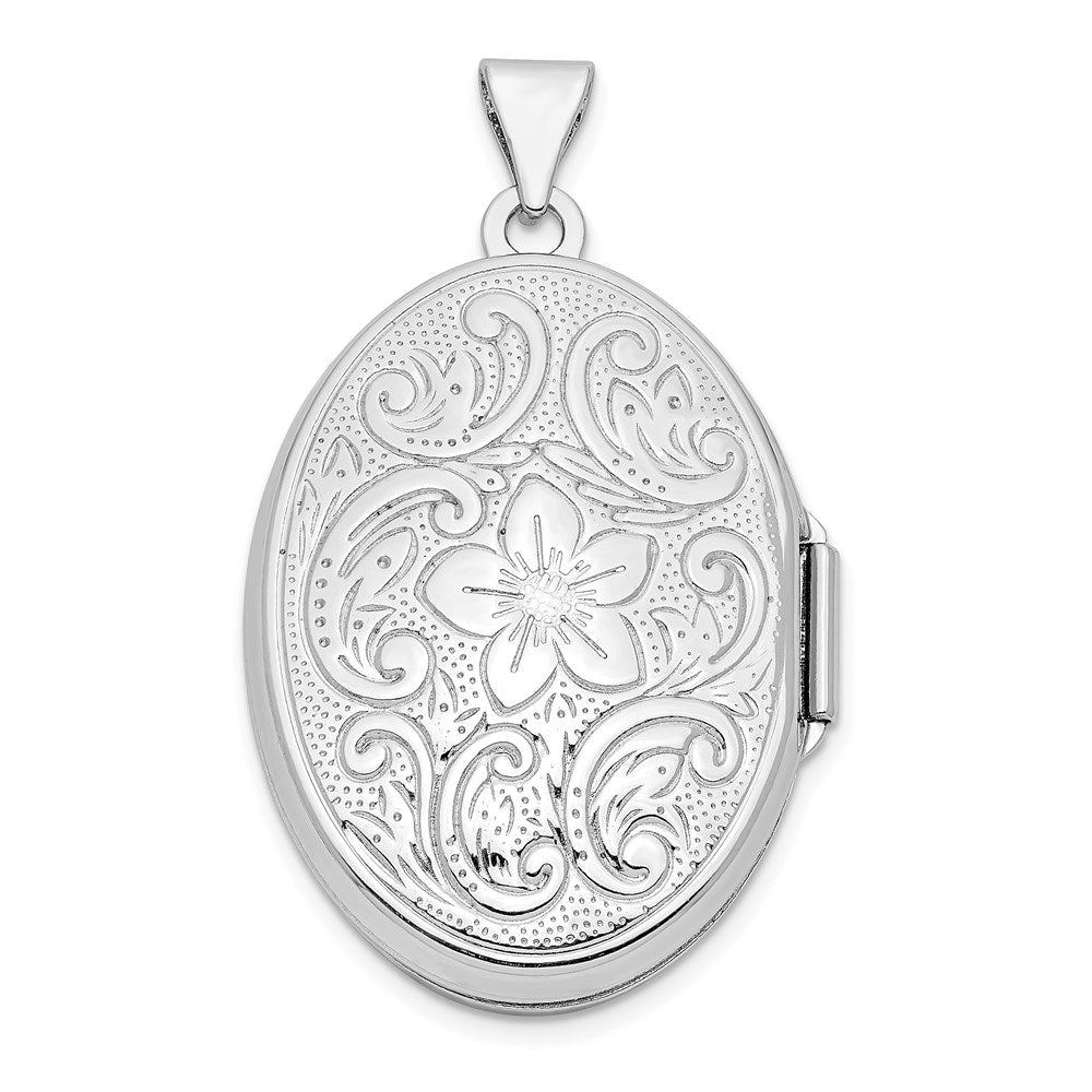 Sterling Silver Rhod-plated Floral Swirl Reversible 26mm Oval Locket
