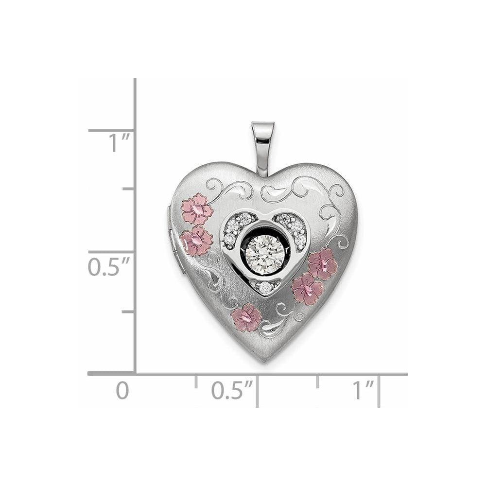 Sterling Silver Satin & Polished Enameled 20mm Vibrant CZ Heart Locket