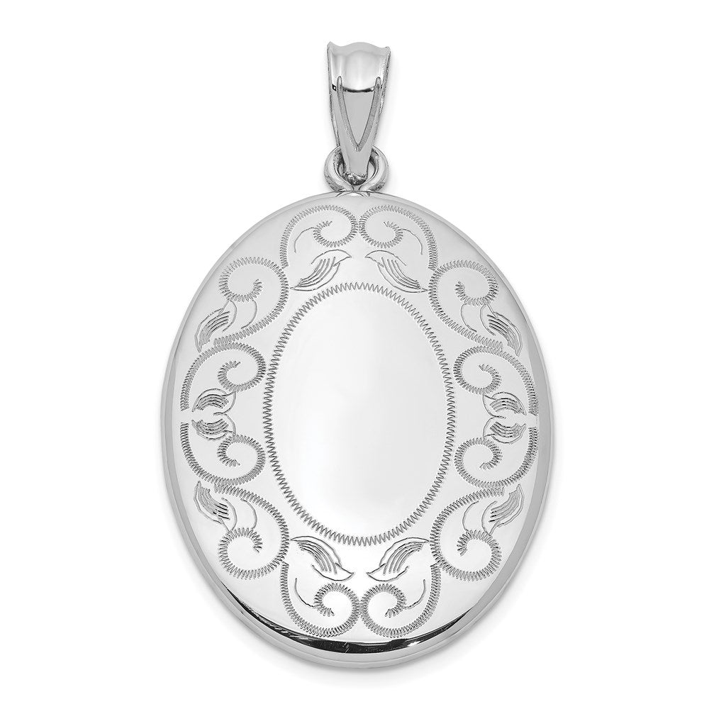 Sterling Silver Rhodium-plated Polished Scroll Border Oval Open Locket