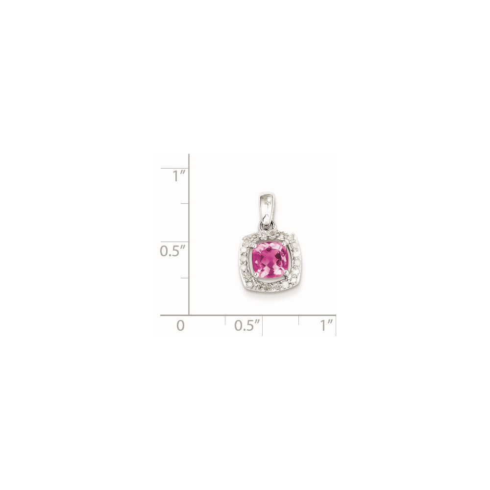 Sterling Silver Rhodium-plated Diamond & Pink Tourmaline Square Pendant