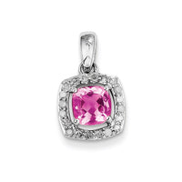 Sterling Silver Rhodium-plated Diamond & Pink Tourmaline Square Pendant
