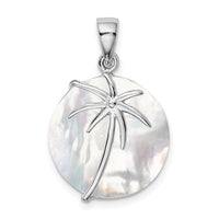 Sterling Silver Rhodium-plated MOP Palm Tree Round Pendant