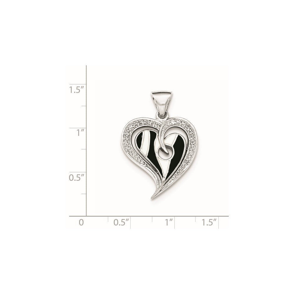 Sterling Silver Polished Heart With Black And White Enamel CZ Pendant