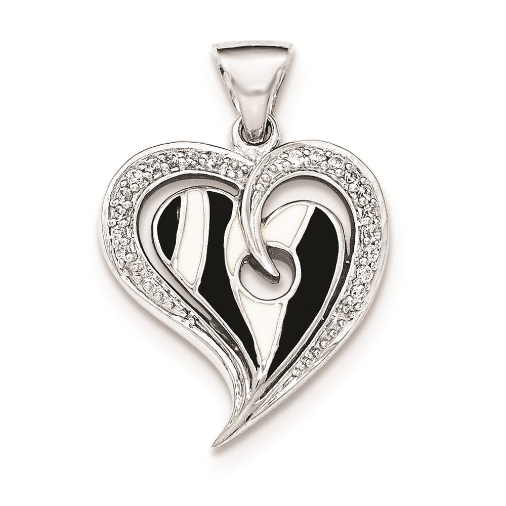 Sterling Silver Polished Heart With Black And White Enamel CZ Pendant