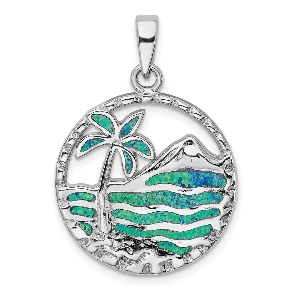 Sterling Silver Rhod-plated Created Opal Palm Tree Ocean Pendant