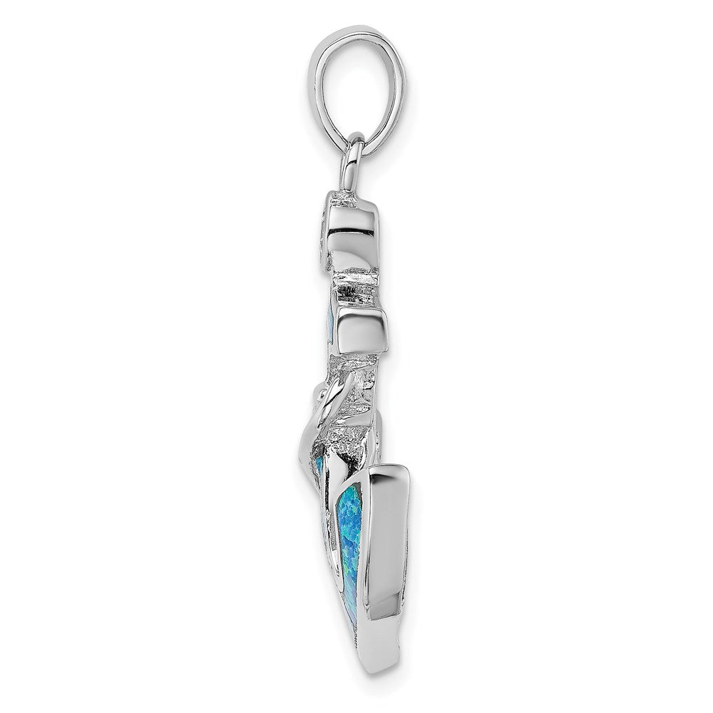 Sterling Silver Rhodium-plated Blue Created Opal/CZ Anchor Pendant