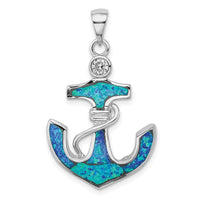 Sterling Silver Rhodium-plated Blue Created Opal/CZ Anchor Pendant