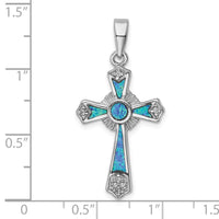 Sterling Silver Rhodium-plated CZ / Created Opal Cross Pendant