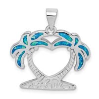 Sterling Silver Rhodium-plated Created Blue Opal Palm Trees Pendant