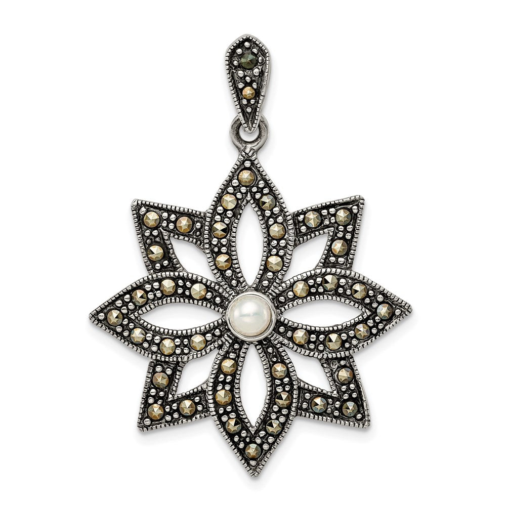 Sterling Silver Antiqued Marcasite & Imitation Pearl Flower Pendant