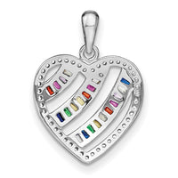 Prizma Sterling Silver Rhodium-plated White and Colorful Three Row CZ Open Heart Pendant