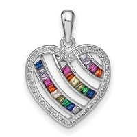 Prizma Sterling Silver Rhodium-plated White and Colorful Three Row CZ Open Heart Pendant