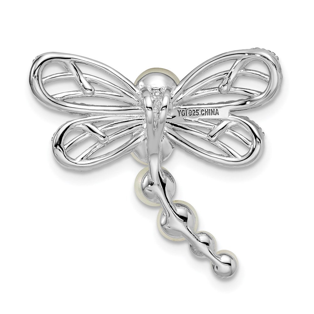 Sterling Silver Rhod-plated Imitation Shell Pearl Dragonfly Chain Slide