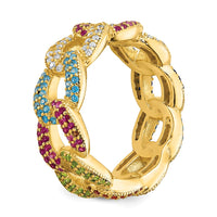 Prizma Sterling Silver Gold-tone 14K Flash Gold-plated Colorful CZ Cuban Link Ring