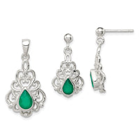 Sterling Silver Polished Green Agate Pendant and Post Earrings Set