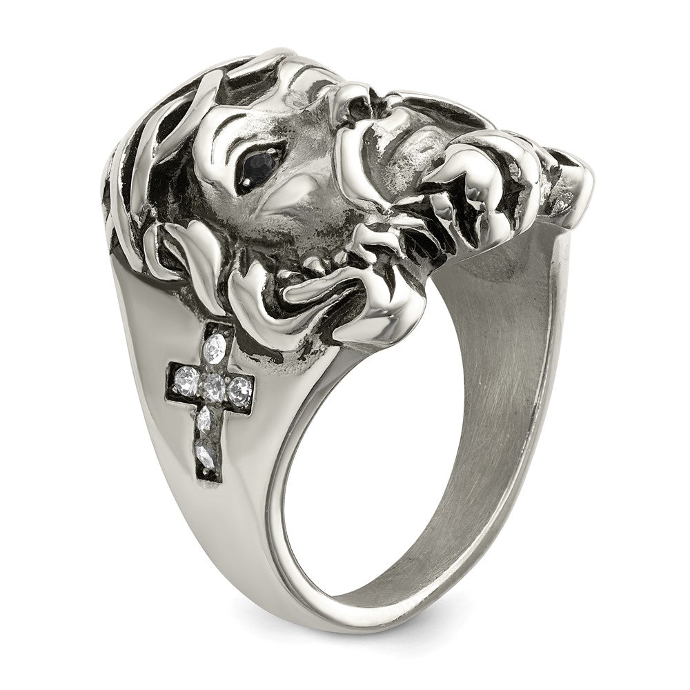 Stainless Steel Antiqued and Polished w/Black & White Crystal Jesus Ring