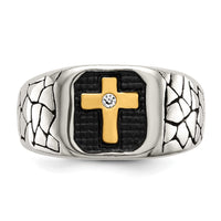 Stainless Steel Antiqued & Polished Yellow IP-plated w/Crystal Cross Ring