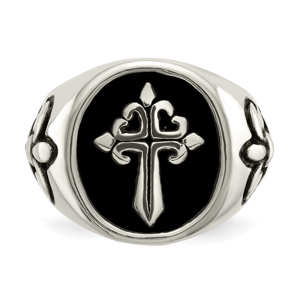 Stainless Steel Antiqued and Polished Fleur de Lis Cross Ring