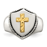 Stainless Steel w/14k Accent Antiqued & Polished Cross on Shield Ring
