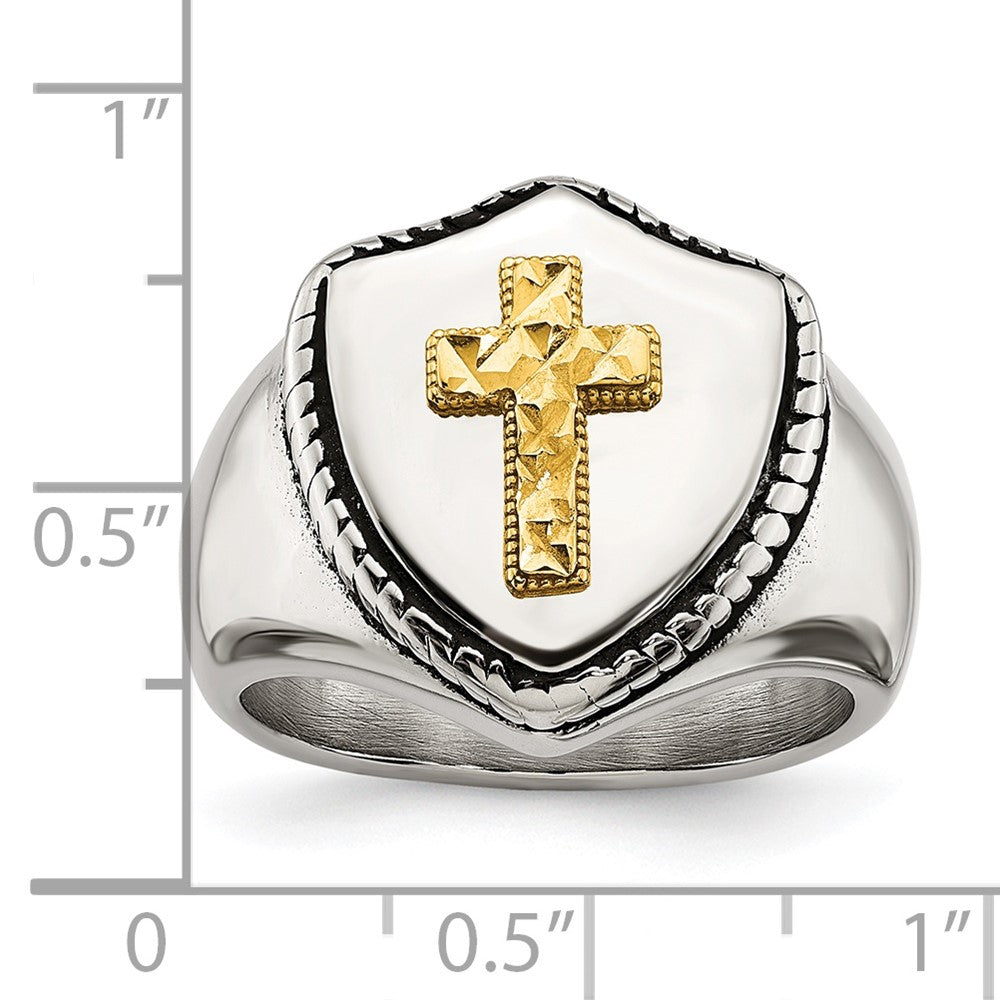 Stainless Steel w/14k Accent Antiqued & Polished Cross on Shield Ring