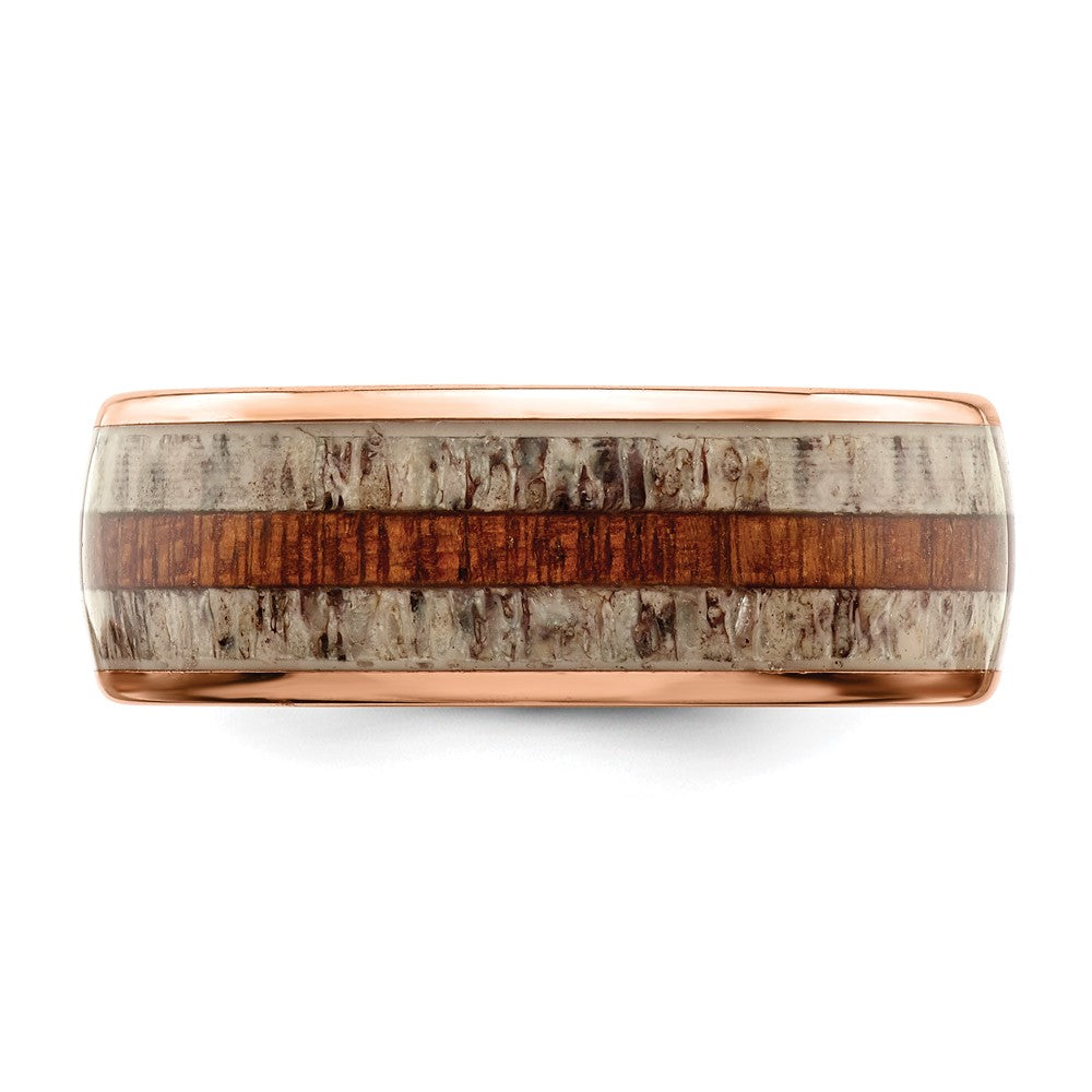 Stainless Steel Polished Rose IP w/Wood and Antler Inlay 8mm Band ...