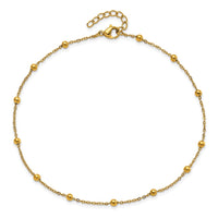 Stainless Steel Polished Yellow IP Beaded 9.5in w/1in ext. Anklet