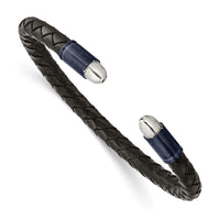 Chisel Stainless Steel Brushed and Polished Dark Grey IP-plated Black Leather Flexible Cuff Bangle