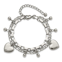 Stainless Steel Polished Hearts and Beads 7in w/2in ext. Bracelet