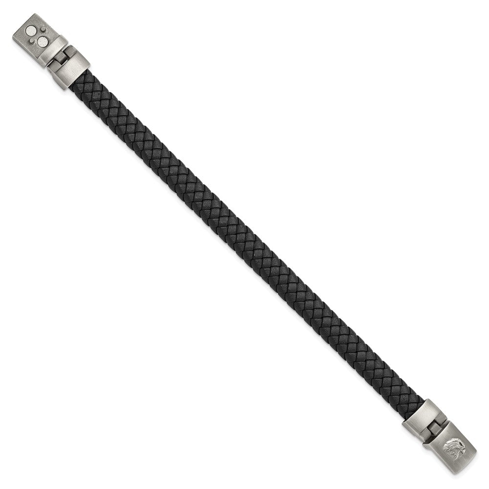 Stainless Steel Brushed Antiqued Leather 8.75in Bracelet