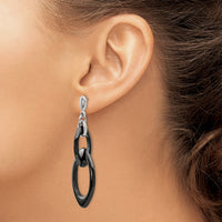 Stainless Steel Polished w/Black Ceramic Post Dangle Earrings