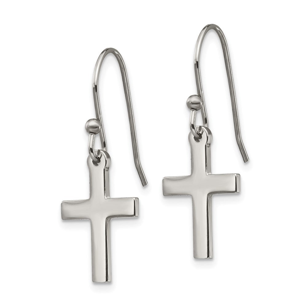 Stainless Steel Polished Cross Dangle Shepherd Hook Earrings