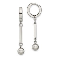 Stainless Steel Polished with Bar & Ball Dangle Hinged Hoop Earrings