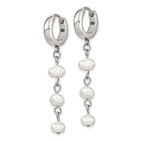 Stainless Steel Polished w/Freshwater Cultured Pearl Hinged Hoop Earrings
