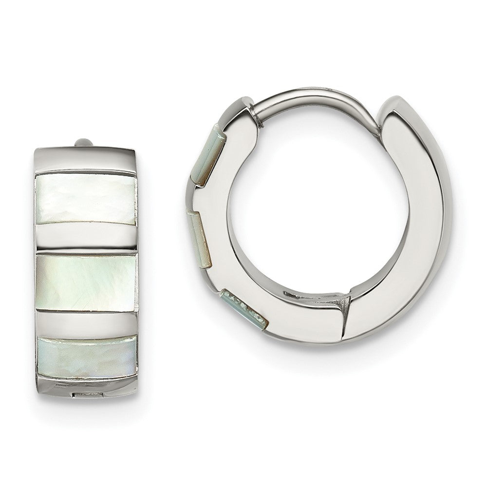 Stainless Steel Polished with Shell Pearl 5mm Hinged Hoop Earrings
