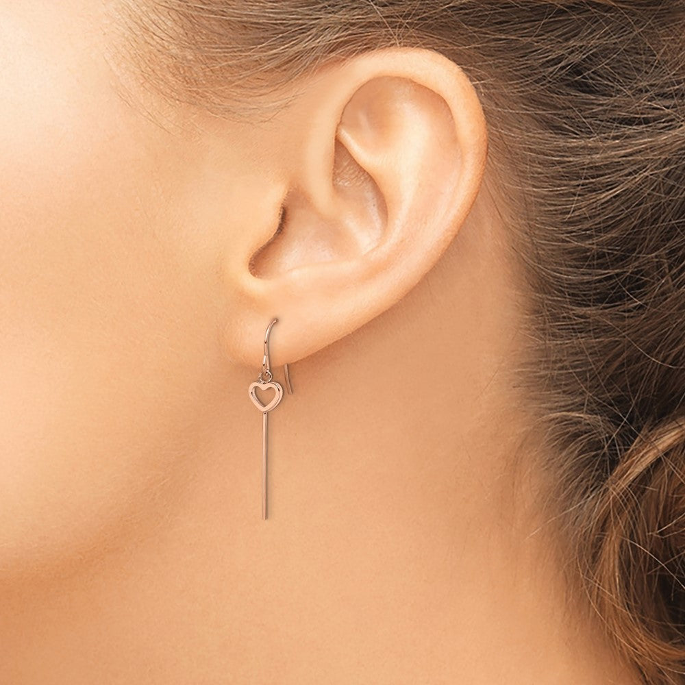 Stainless Steel Polished Rose IP Heart/Bar Dangle Shepherd Hook Earrings