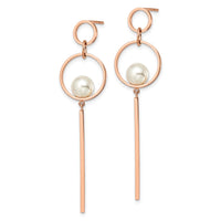 Stainless Steel Polished Rose IP-plated Simulated Pearl Post Dangle Earring