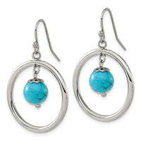 Stainless Steel Polished with Syn. Turquiose Dangle Shepherd Hook Earrings