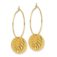 Stainless Steel Polished Textured Yellow IP Leaf Dangle Hoop Earrings