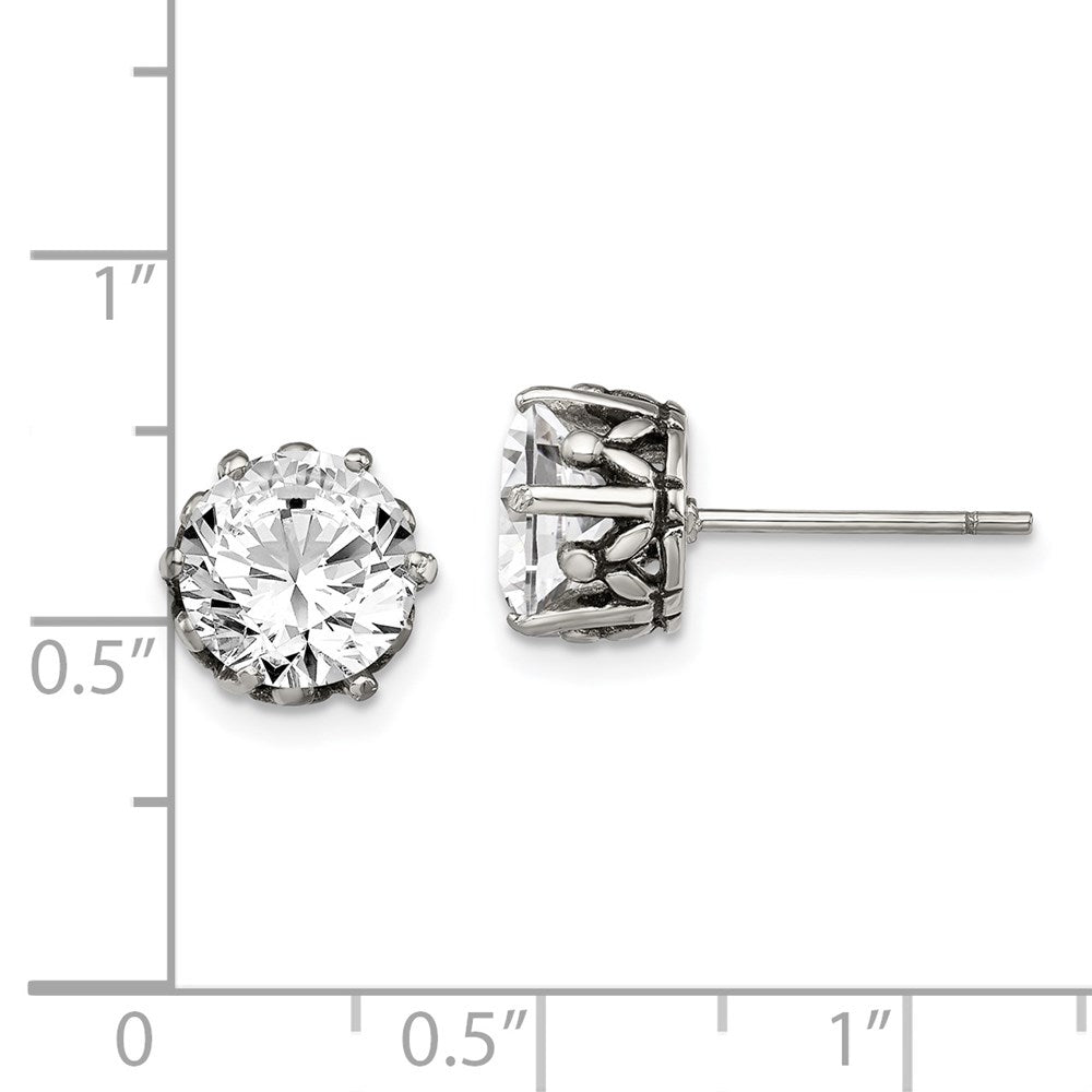 Stainless Steel Antiqued Round CZ Post Earrings