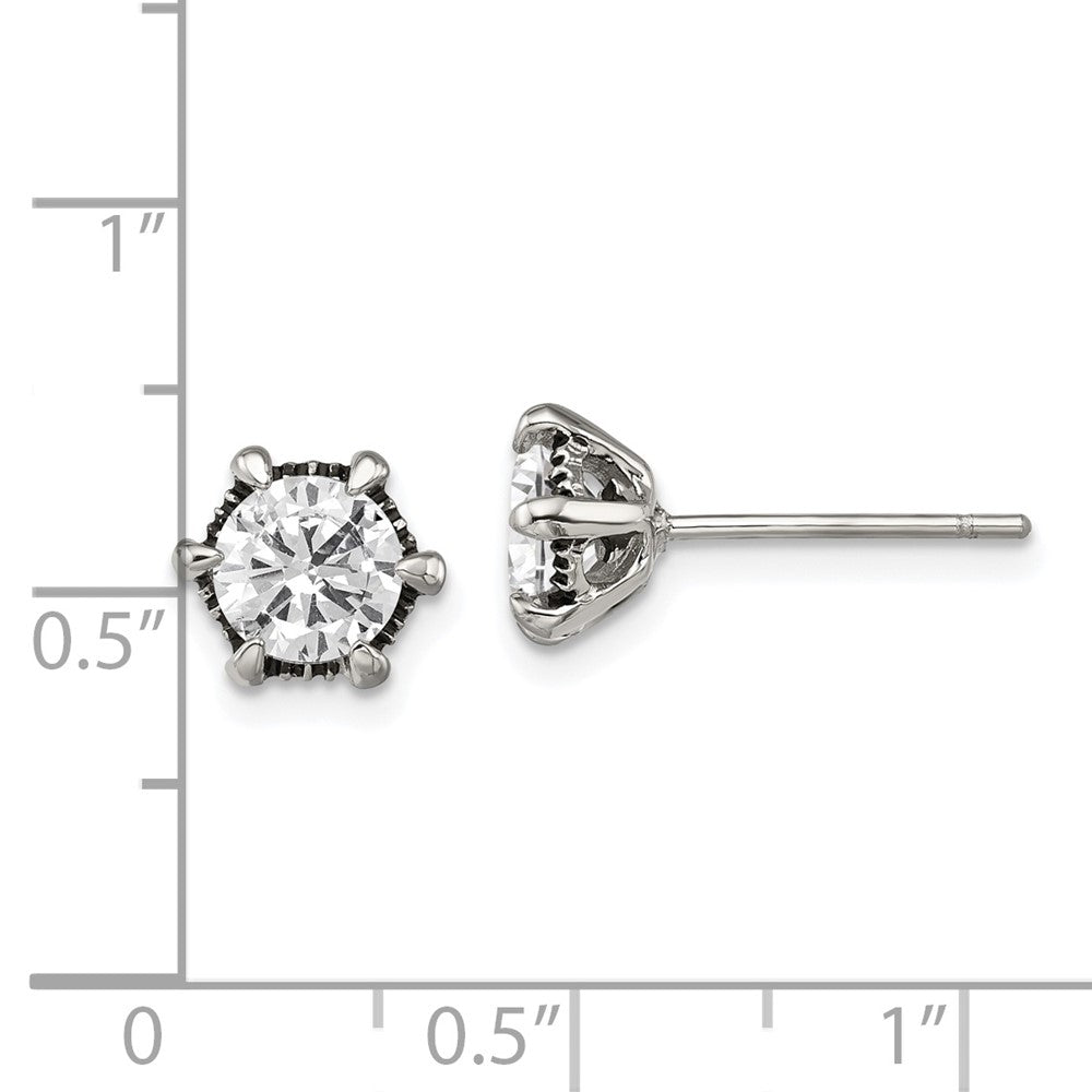 Chisel Stainless Steel Antiqued and Polished CZ Post Earrings