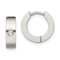 Stainless Steel Brushed w/CZ 4mm Hinged Hoop Earrings