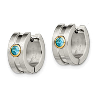 Stainless Steel Brushed/Polished Yellow IP w/Blue CZ Hinged Hoop Earrings