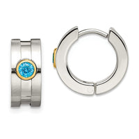 Stainless Steel Brushed/Polished Yellow IP w/Blue CZ Hinged Hoop Earrings