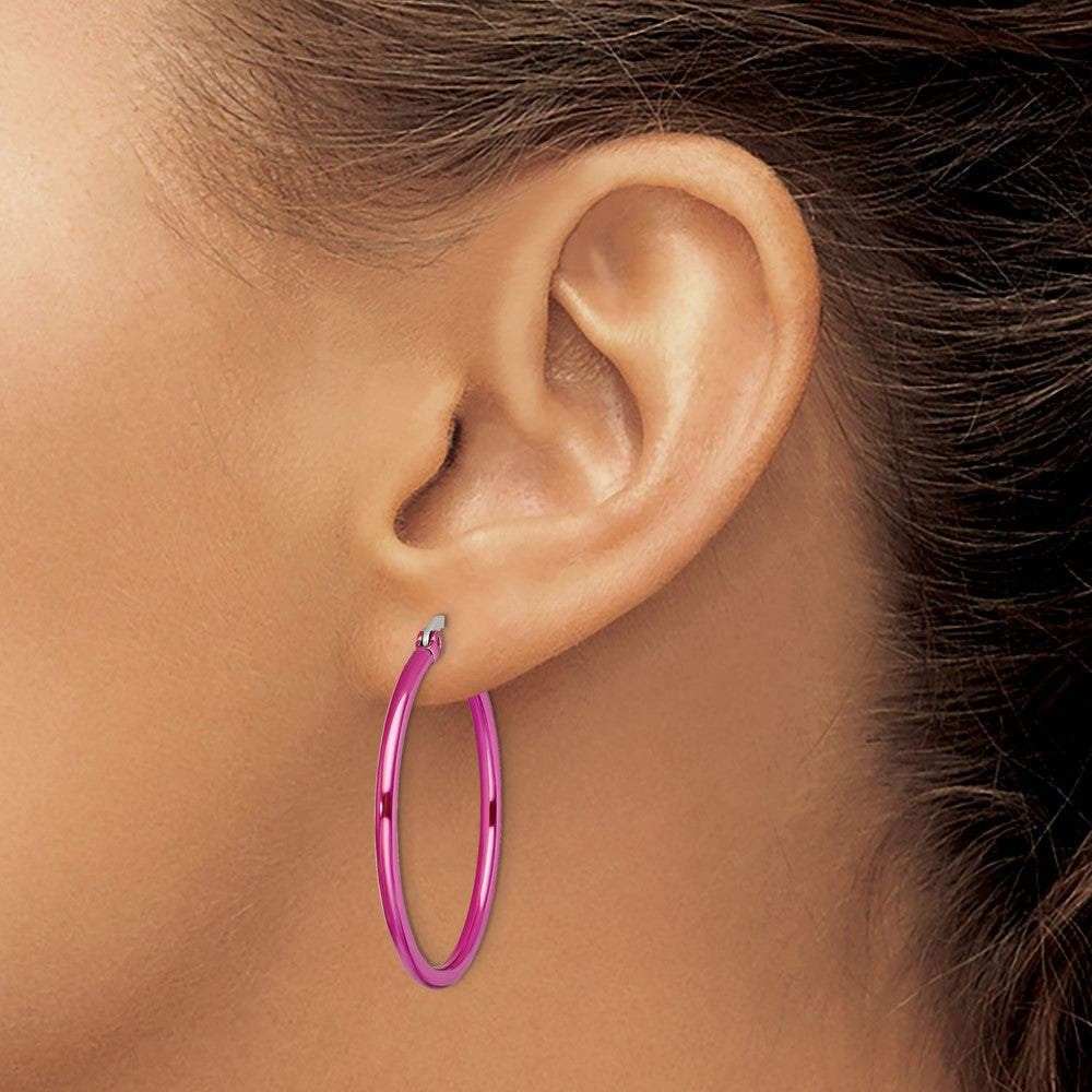 Stainless Steel Polished Pink IP-plated 32mm Diameter Hoop Earrings