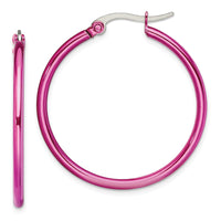 Stainless Steel Polished Pink IP-plated 32mm Diameter Hoop Earrings