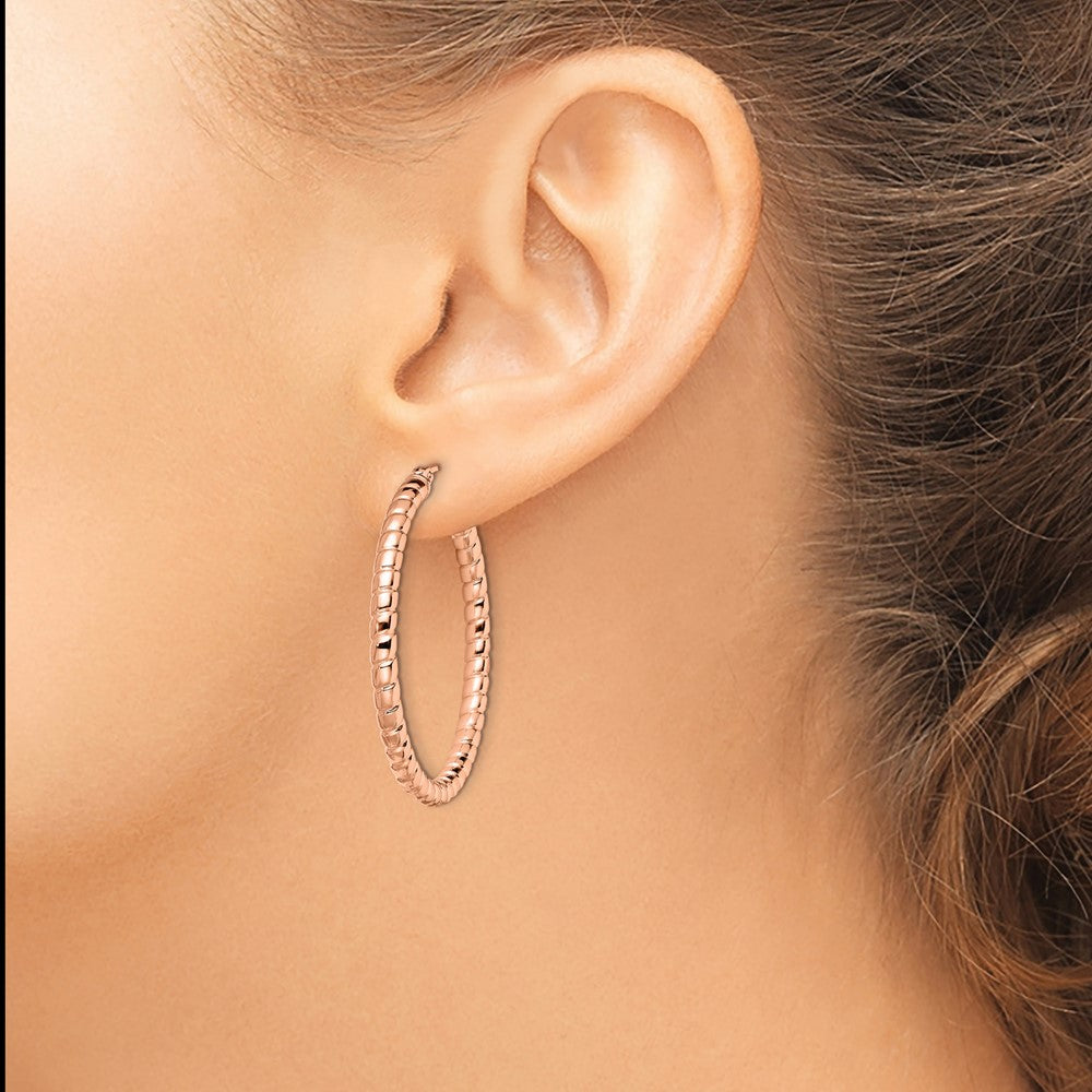 Stainless Steel Polished & Textured Rose IP-plated Hollow Hoop Earrings