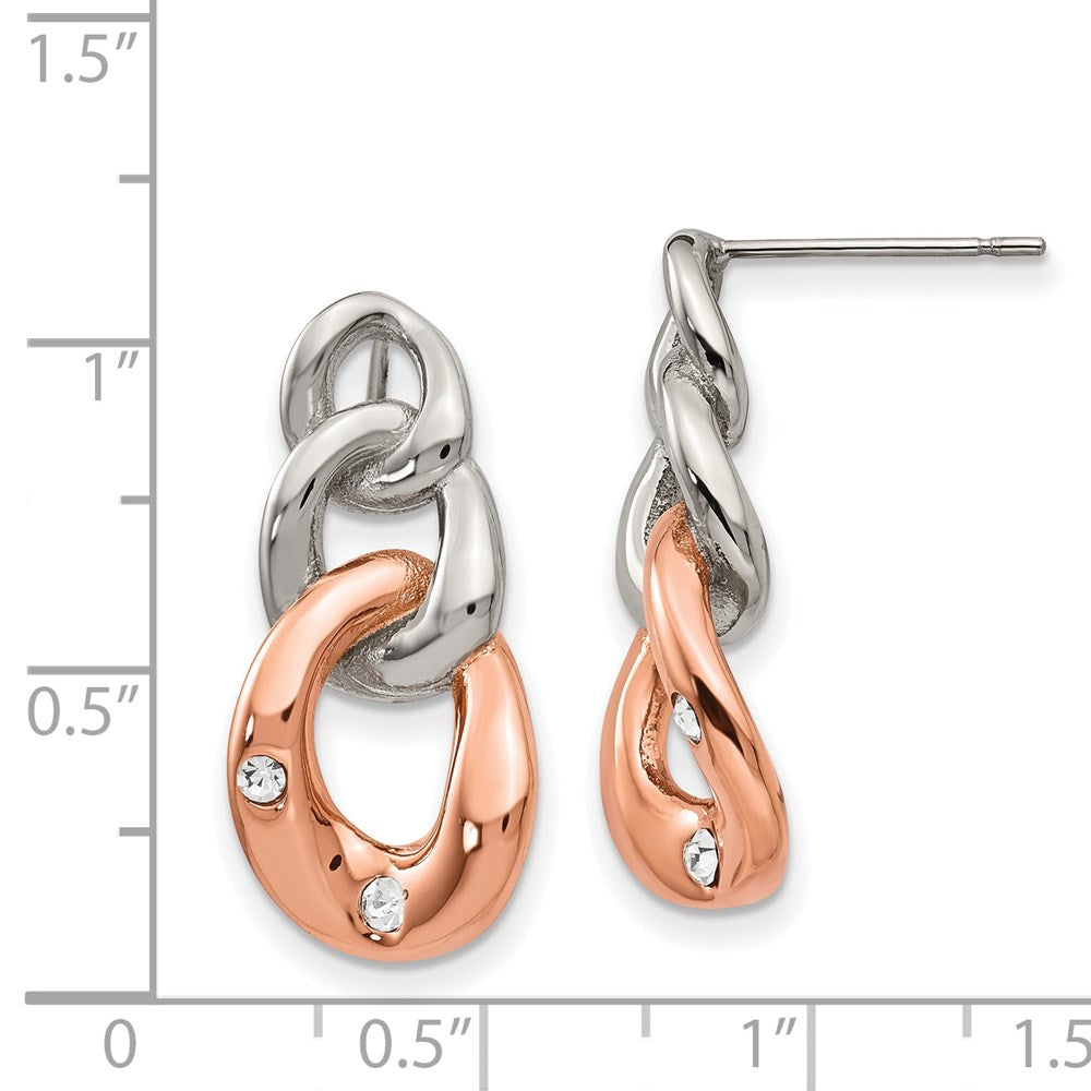 Stainless Steel Polished Rose IP-plated Loop w/Crystal Post Dangle Earrings