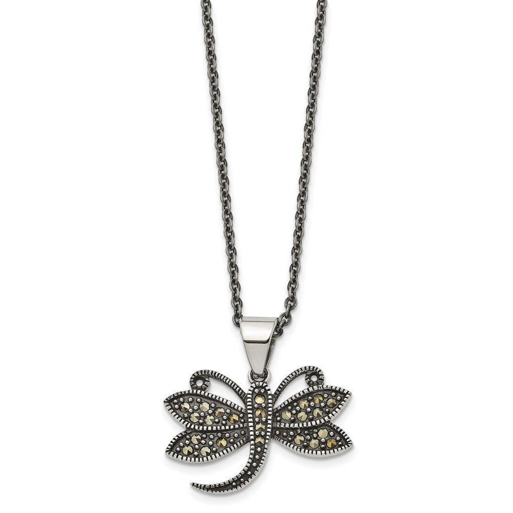 Stainless Steel Antiqued & Polished w/Marcasite Dragonfly 18in Necklace