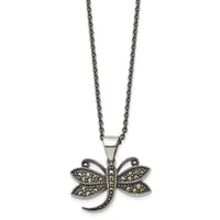 Stainless Steel Antiqued & Polished w/Marcasite Dragonfly 18in Necklace
